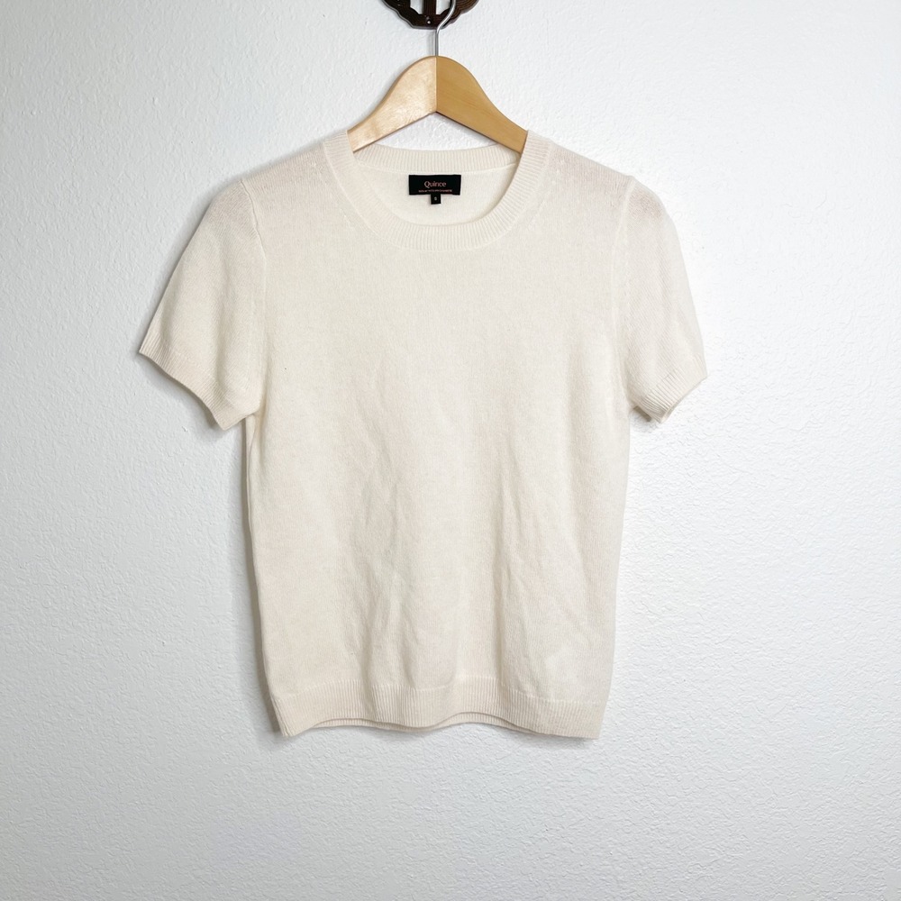 Quince Cream 100% Mongolian Cashmere Short Sleeve Crew Neck Sweater Womens Small - Picture 1 of 4